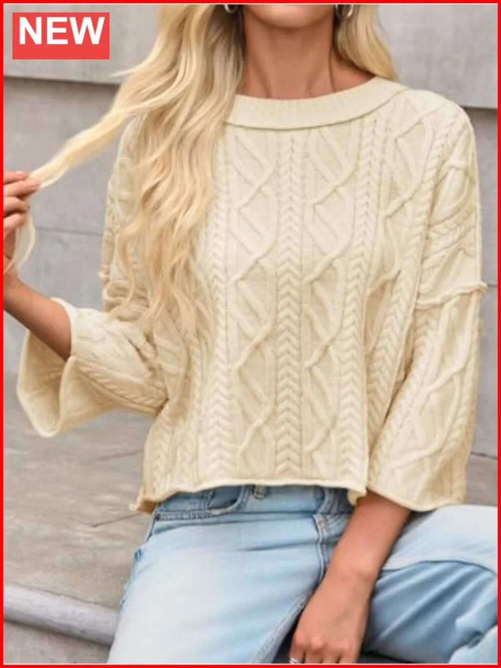 Womens Cable Knit Cropped Sweater Oversize 3/4 Sleeve Pullover
